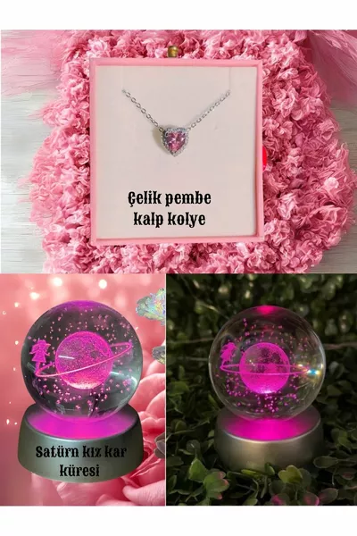 3D Сатурн Девочка Плавающий в Снегу Шар и Розовое Стальное Сердце Подвеска на Цепочке Подарок Учителю на День Рождения