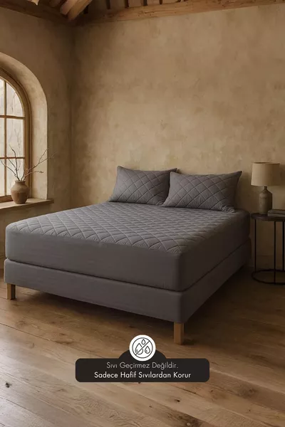 Gray Quilted Mattress Protector Fitted Sheet Double Bed Colorful Pillow Set Cotton