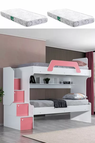 Bunk Bed, Inci 2-Tier Bunk Bed - Pink, 2 Comfort Mattresses
