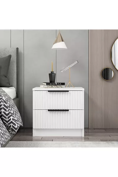 Gestreifte Membran Doppel-Schubladen-Nachttisch - Weiß