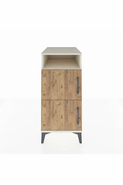 Chevet Kronos à 2 étagères et 2 portes, Pierre de lune-Pin