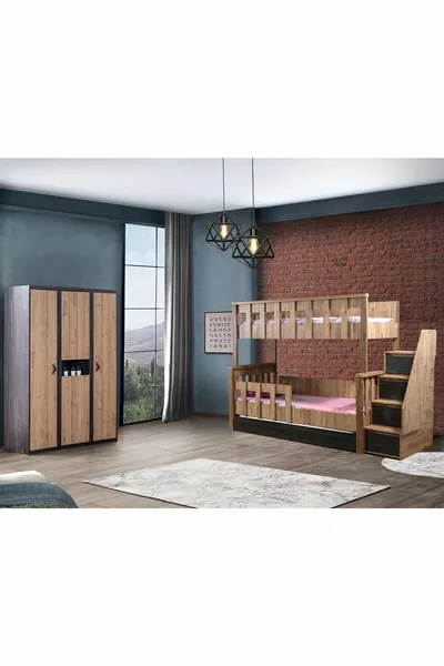 Двуетажно легло с отделящ се диван и кошара с трикрилен гардероб Doğa
