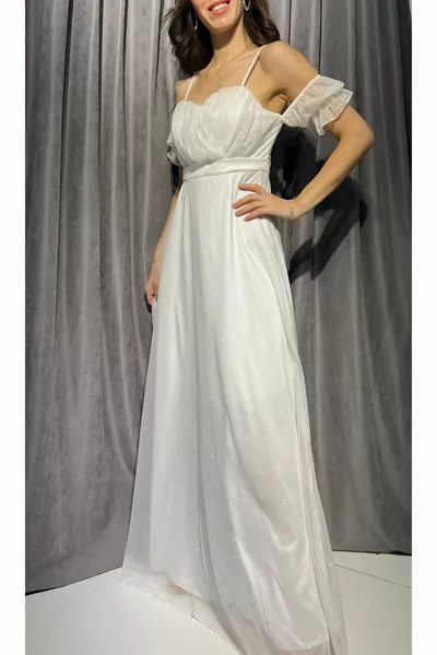 KADIN ASKILI VE OMUZ DETAYLI SİMLİ PARLAK ABİYE ELBİSE