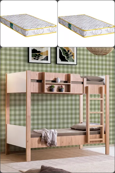 Stapelbed, Asya Uittrekbaar 2-persoons Stapelbed, Walnoot - Wit + 2 Comfort Matrassen