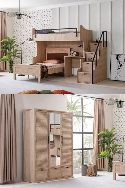 Letto a soppalco, set cameretta Polo per ragazzi con scrivania matrimoniale, letto a soppalco in noce + armadio in noce a tre ante