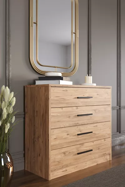 خزانة Mira ذات 4 أدراج، بمقابض سوداء، خشب صنوبر الأطلسي، سم