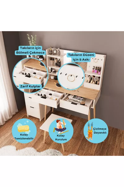 طقم طاولة مكياج بيلا مع خزانة ذات درجين وكرسي، بلون رمال مع سلة | مع مرآة وخطافات