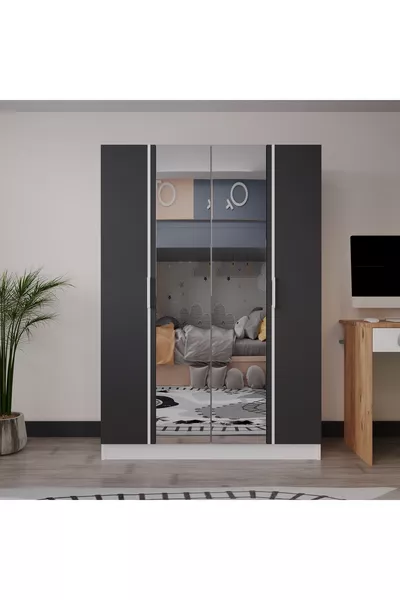Armadio a 4 ante PIANO Camera dei ragazzi-Cameretta Wardrobe Antracite Bianco con Specchio