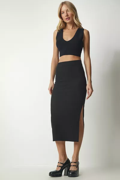 المرأة السوداء شق مضلع محبوك قلم رصاص تنورة 