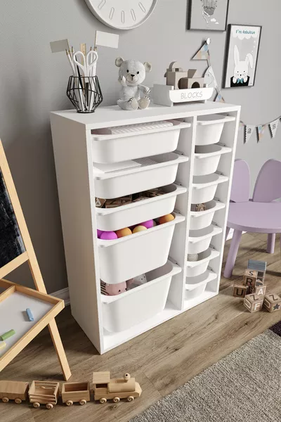 % MDF - خزانة ألعاب مزدوجة متوسطة مع سلة