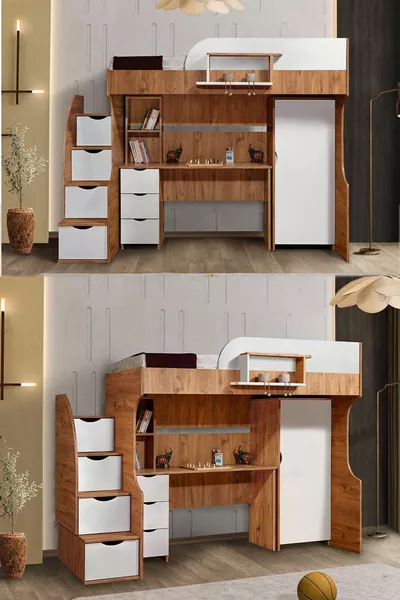 Bunk Bed, Litera Bunk Bed Wardrobe Desk, Dark Walnut-White 1 Piece Comfort Mattress