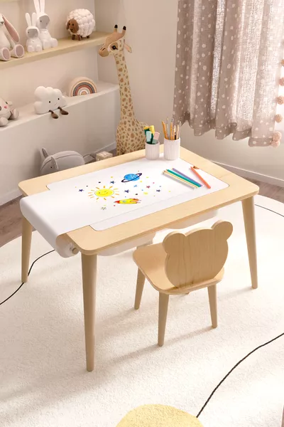 Tavolo da gioco in legno con attività, resistente all'acqua, con sedia a forma di orsetto in legno