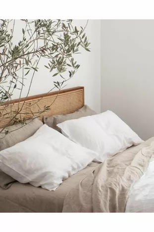 Natural Wood Bed Headboard with Nightstand