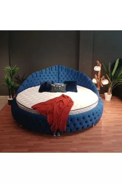 طقم سرير دائري مع قاعدة ورأس باللون الأزرق