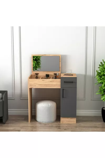 طاولة مكياج مرآة بفحم صنوبر الأطلسي اللؤلؤي – مع أدراج وخزانة وتصميم أنيق
