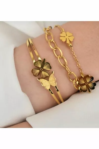 Women's Steel Butterfly Clover Cuff Bracelet