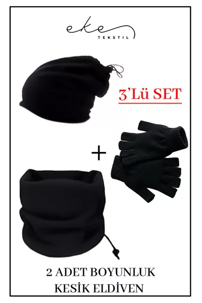 Комплект от 3 части термална поларна шал-яка, шапка и плетени ръкавици, черен, непропускащ студ