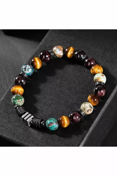 Браслет для мужчин из натуральных камней: тигровый глаз, бордовый гранат, рубин, хризоколла