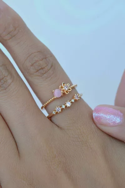 Two-Row Adjustable Pink Floral Ring Princess Ring