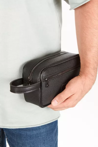 Men's Black Leather Portfolio Clutch Shaving, Grooming, and Daily Handbag