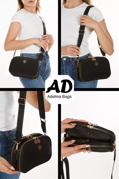 Women's Black Shoulder Bag with Clover Detail and Cross Strap