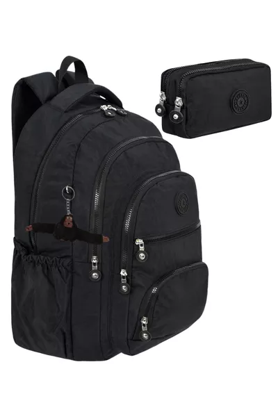 2-Piece Set Luxury Crinkle Fabric High School and Middle School Backpack + Pencil Case, with Monkey Keychain Gift