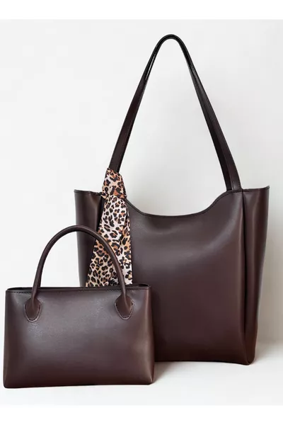 Damen Zweiteiliges Set mit Schal, Reißverschluss und Druckknopfverschluss, braune Shopper-Hand- und Schultertasche