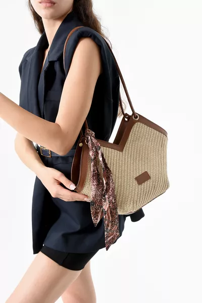 Stores Women's Tan Wicker Zipper Leopard Scarf Detail Shoulder Bag