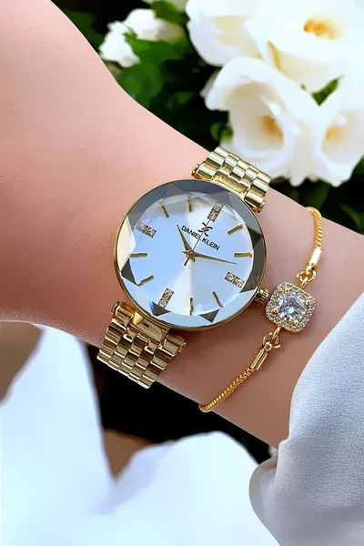 هدية عيد الأم ساعة نسائية أصلية بلون ذهبي بسوار من الفولاذ المقاوم للصدأ مع هدية سوار