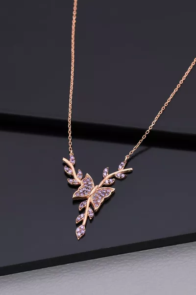 Setting Silver Amethyst Stone Bud Butterfly Necklace