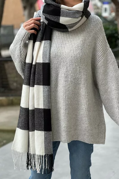 Unisex Schwarz Kariert Lange Schal mit Fransen aus Wollstoff