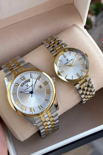 ساعة زوجية فاخرة أصلية % مقاومة للماء من الصلب مع ضمان لمدة سنتين مع سوار كهدية