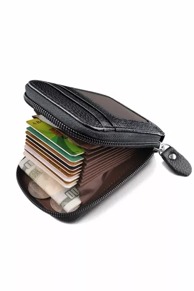 Unisex -Compartment Genuine Leather Black Zip-Up Credit Card Wallet