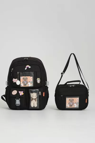 مجموعة حقيبة ظهر للمدرسة الابتدائية بأسلوب كاواي كوري مع حقيبة غداء معزولة حراريًا وزجاجة حرارية