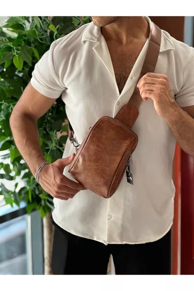 Men's Shoulder Bag Crossbody and Back Bag Body Bag Tan Vegan Leather -t