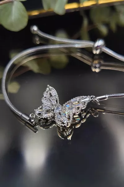  L. Нержавеющая сталь, не тускнеющая, браслет с цепочкой лифта, бабочка, с циркониевыми камнями, серебристый