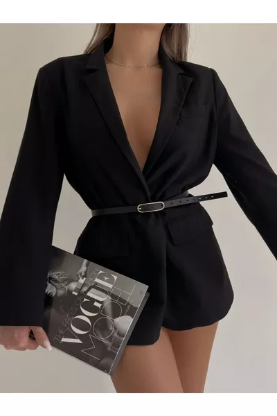 حزام نسائي أسود رفيع بمشبك ذهبي واسع، حزام للجاكيت، حزام للفستان، حزام للقميص