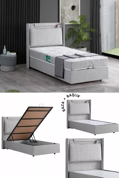 Zagreb Double Set, Single Bed Base and Headboard Set, Light Grey