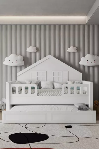 % سرير أطفال مونتيسوري مصنوع من مادة MDF، مع درج، أبيض