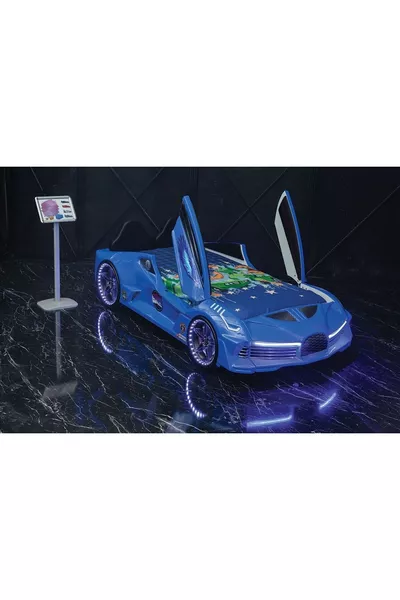 Lit enfant complet avec lit roulant Kaju Moon Aero bleu avec système de lumière et de son contrôlé par télécommande