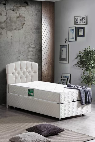 Кровать с изголовьем Efes Baza, комплект матраса Comfort, кремовый