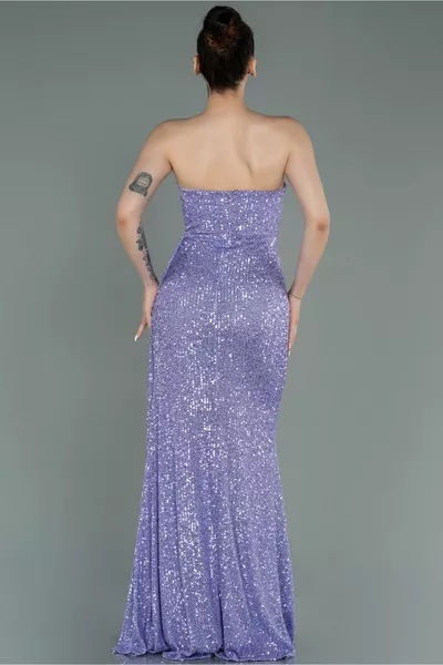 Lilac Strapless Leg Low-Cut Long Sequin Evening Dress 