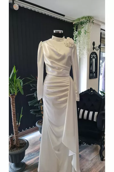 Raso bianco, drappeggiato, Promise Engagement Abito da sposa