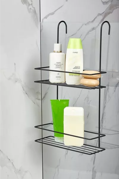  Black Silicone Coated 2-Tier Hanging Bathroom Shower Shelf Soap and Shampoo Rack Shower Cabin Organizer