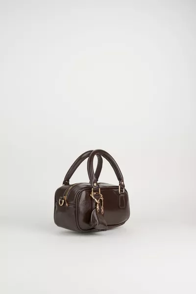 Women's Lale Dark Brown Bag Charm Detailed Patent Leather Zipper Closure Hand, Arm, and Shoulder Bag