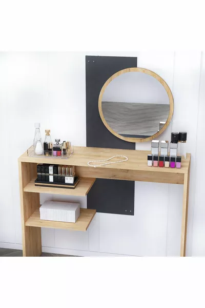Dali Vanity Table with Large Mirror and Shelves – Pure Maple & Anthracite, Modern and Stylish Design