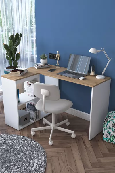 Rani  Arbeitszimmer-Schreibtisch Computer Tisch mit 4 Regalen Eckschreibtisch Weiß - Körbchen Nussbaum  cm