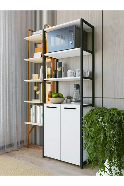 Meuble de cuisine avec 2 portes et 5 étagères, coin café, étagère de cuisine, armoire de cuisine blanche