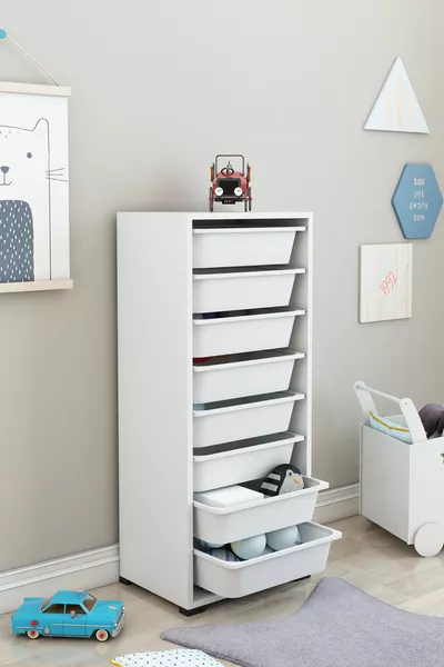 خزانة متعددة الأغراض بيضاء بثمانية سلال، خزانة مطبخ، خزانة ألعاب للأطفال، منظّم ألعاب