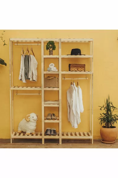 خزانة ملابس خشبية مفتوحة بثلاثة شماعات  سم خزانة متعددة الاستخدامات من خشب الصنوبر الصلب %